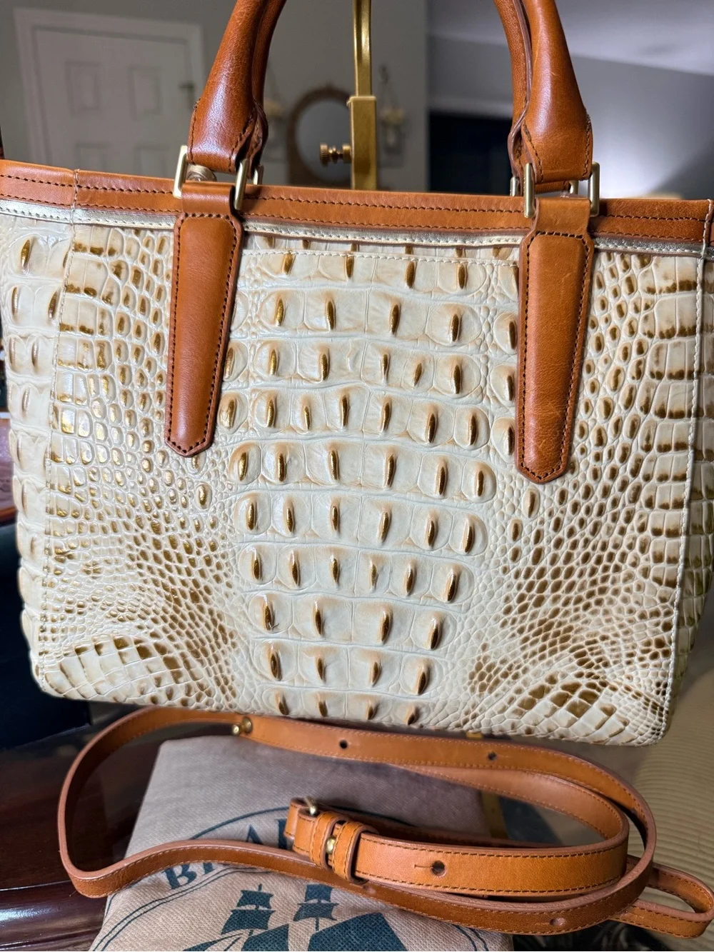 Brahmin Cream Croc-Embossed Satchel with Tan Trim